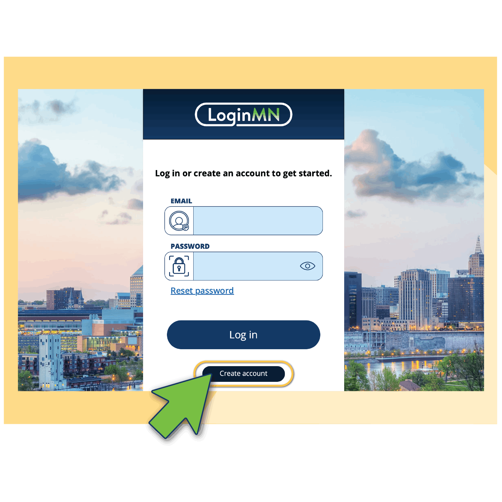 Login page for LoginMN that shows a circled button indicating if clicked you can "Create Account".